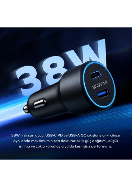 Araç Şarj Aleti Çakmaklık Type-C + USB Girişli 38W indirimleri