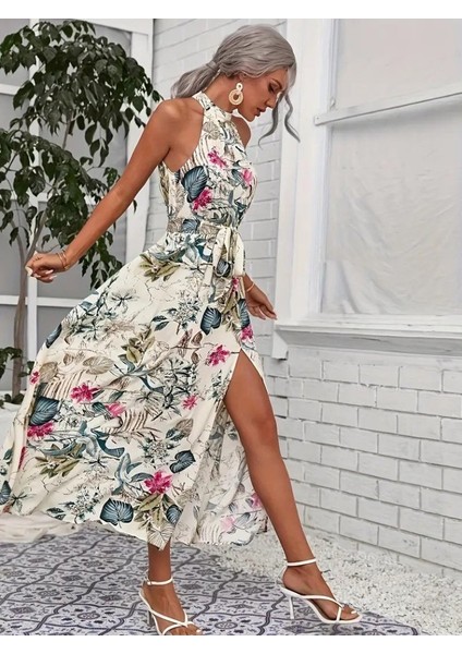 Kadın Omuzlardan Açık Halter Yakalı Yırtmaçlı Çiçek Desenli Süprem Elbise fırsatları