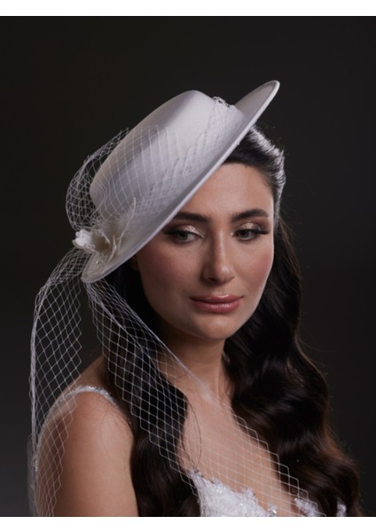 Tül ve Kelebek Detaylı Beyaz Gelin, Nikah, Nişan, Özel Davet Şapkası