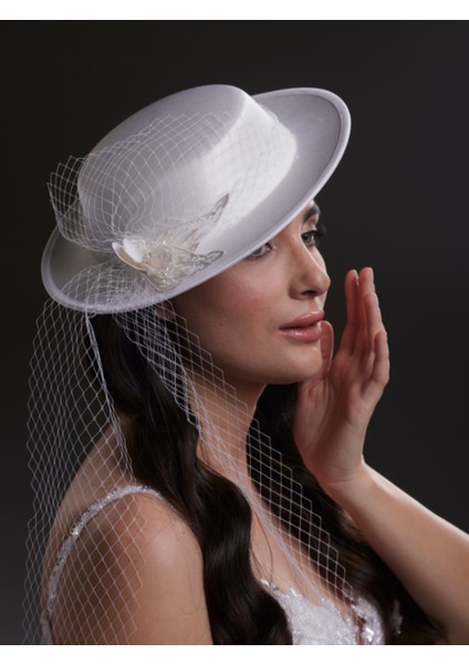 Tül ve Kelebek Detaylı Beyaz Gelin, Nikah, Nişan, Özel Davet Şapkası modelleri