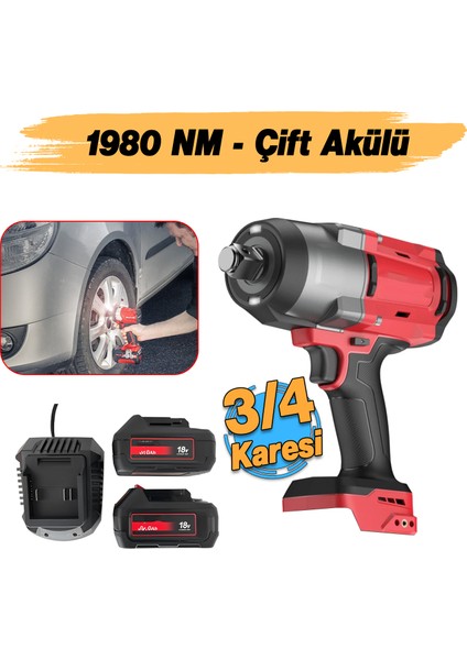 Şarjlı Çift Akülü Darbeli Somun Sıkma 3/4 Sökme Tabanca 1980 Nm Tork Teker Bijon 2300 Bpm 18 Volt