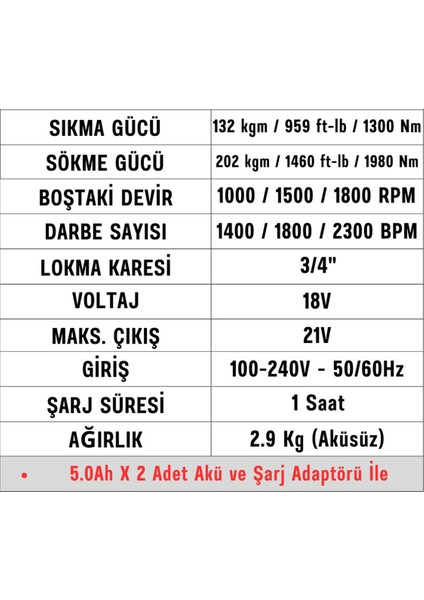 Şarjlı Çift Akülü Darbeli Somun Sıkma 3/4 Sökme Tabanca 1980 Nm Tork Teker Bijon 2300 Bpm 18 Volt fiyatları