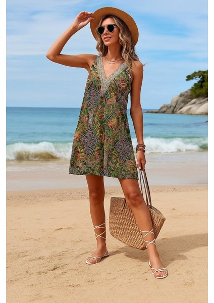 Kadın Kısa Kollu Dantel V Yakalı Desenli Süprem Elbise fırsatları