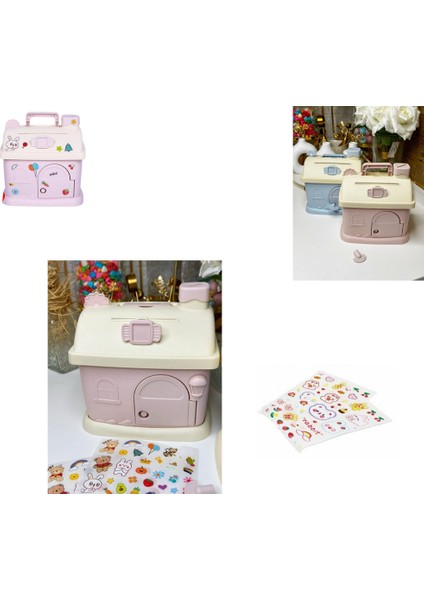 Kilitli Orta Boy Ev Kumbara Bozuk Para ve Kağıt Para Için Çift Girişli Oyuncak Mavi Ev Kumbara Gizlenebilir Taşıma Kulplu Iki Anahtarlı modelleri