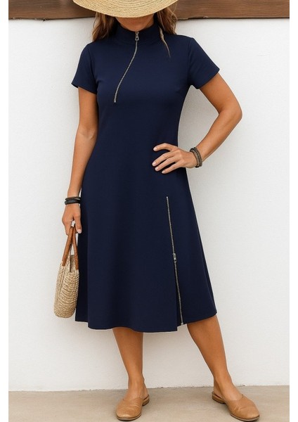 Kadın Kısa Kollu Yakadan ve Etekten Fermuarlı Midi Viskon Iki Iplik Elbise