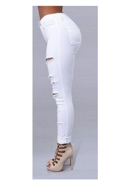 Kadın Yüksek Bel Lazer Yırtık Desenli Kot Pantolon modelleri