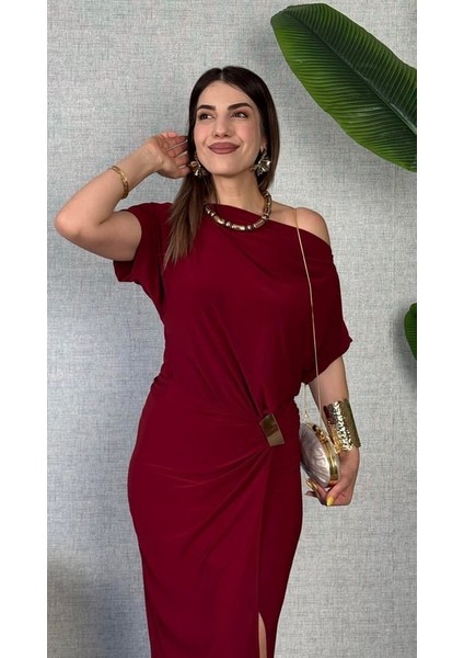 Kadın Kısa Kollu Tek Omuzdan Açık Beli Lastikli Sandy Maxi Elbise modelleri