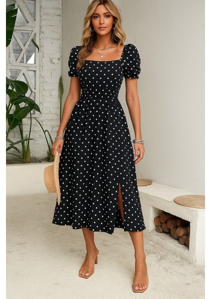 Kadın Kısa Kollu Geometrik Yaka Yırtmaçlı Puantiyeli Midi Örme Krep Elbise