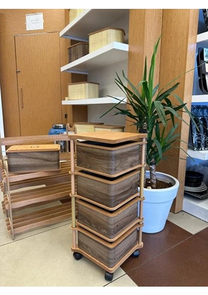 Ahşap Kare Sebzelik 4 Katlı Yana Açılır Kahve Patates Soğan Tekerlekli Sebzelik