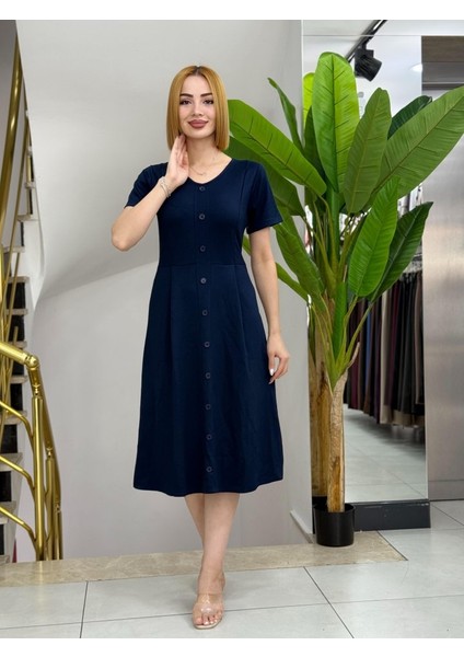 Kadın Kısa Kollu V Yakalı Önden Düğmeli A Kesim Dokuma Elbise fiyatları