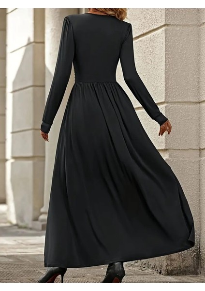 Kadın Uzun Kollu V Dantel Yakalı Yırtmaçlı Uzun Sandy Elbise fırsatları