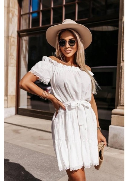 Kadın Madonna Yaka Pütür Detay Pamuklu Mini Elbise modelleri