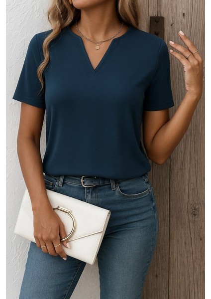 Kadın Kısa Kollu V Yakalı Ithal Krep Elbise