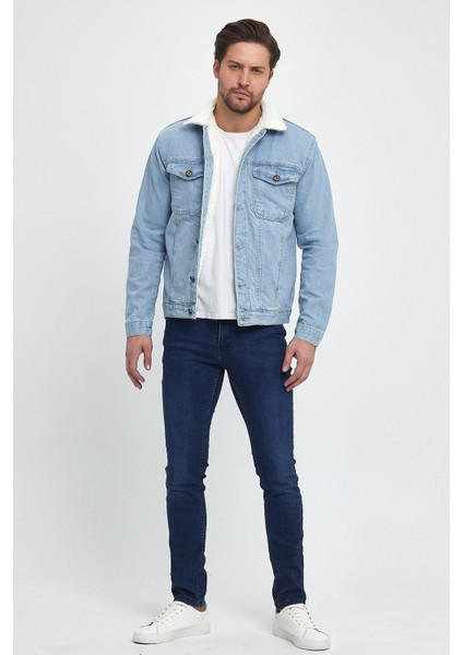 Erkek Peluş Kürklü Basic Salaş B.mavi Kot Ceket