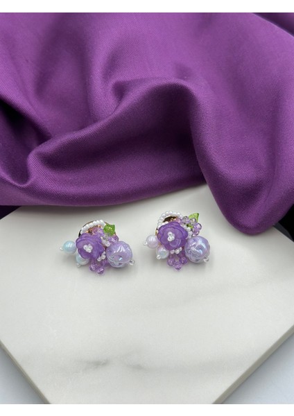 Mor Inci Detaylı Çiçekli Tasarım Küpe