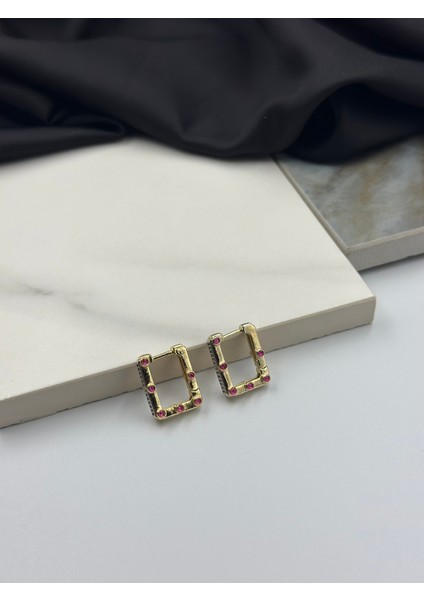 Gold Fuşya Taş Detaylı Şık Tasarım Halka Çelik Küpe