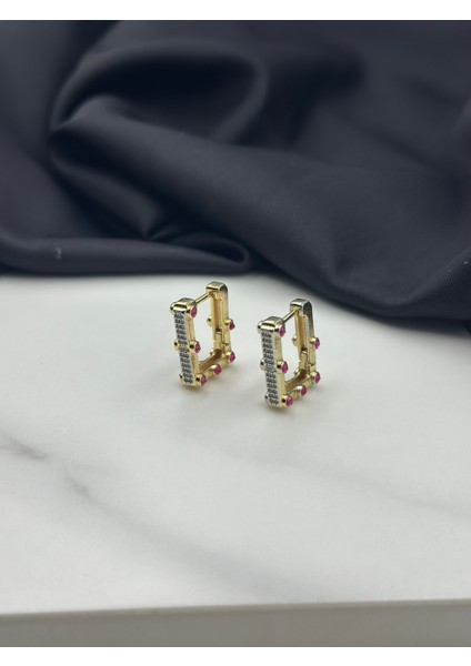 Gold Fuşya Taş Detaylı Şık Tasarım Halka Çelik Küpe fiyatları