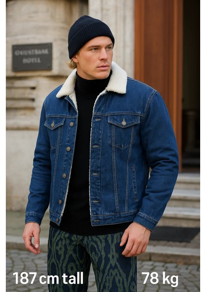 Erkek Peluş Kürklü Basic Salaş Mavi Kot Ceket