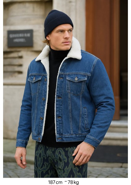 Erkek Peluş Kürklü Basic Salaş Mavi Kot Ceket fiyatları