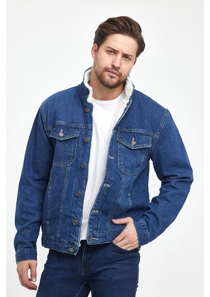 Erkek Peluş Kürklü Basic Salaş Mavi Kot Ceket