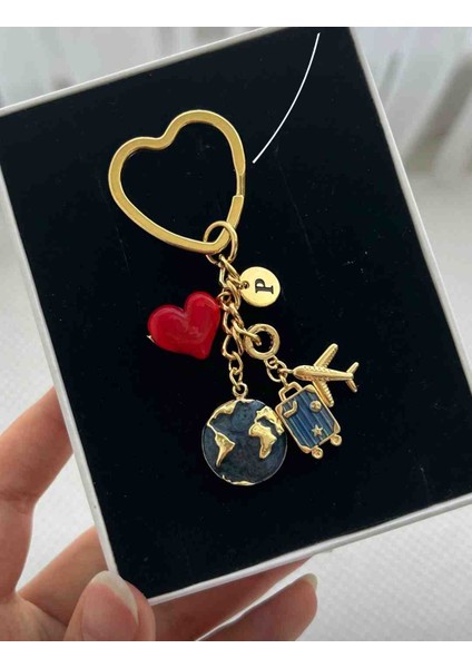 Iki Harfli Dünya Anahtarlık Gold Kırmızı Kalp