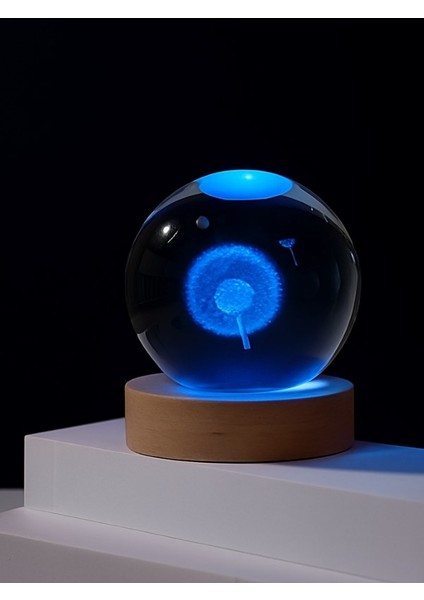 3D Karahindiba Temalı Kristal Küre LED Gece Lambası – Usb'li Ahşap Standlı Rgb LED Lamba
