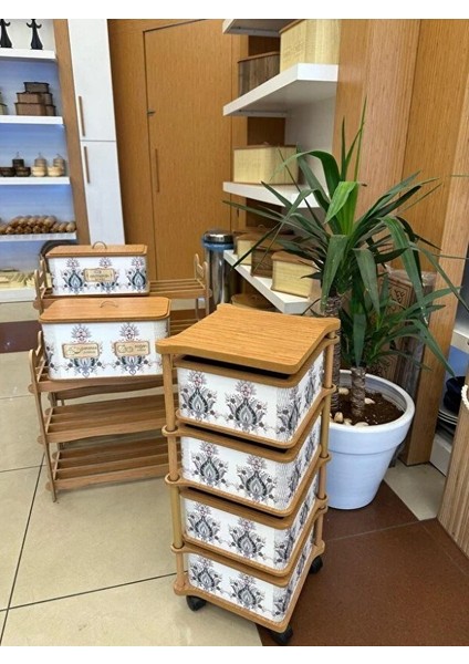 Ahşap Kare Sebzelik 4 Katlı Yana Açılır Desenli Patates Soğan Tekerlekli Sebzelik