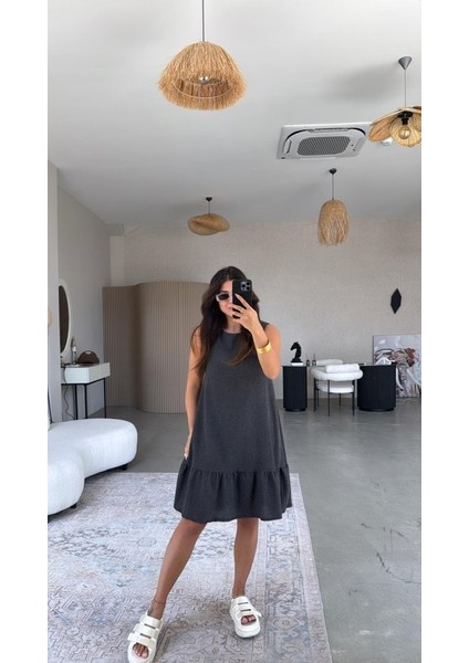 Kadın Bisiklet Yaka Eteği Volanlı Bürümcük Elbise fırsatları