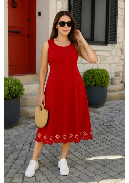 Kadın Kolsuz Etek Ucu Lazer Kesim Çiçek Desenli Midi Boy Ithal Krep Elbise