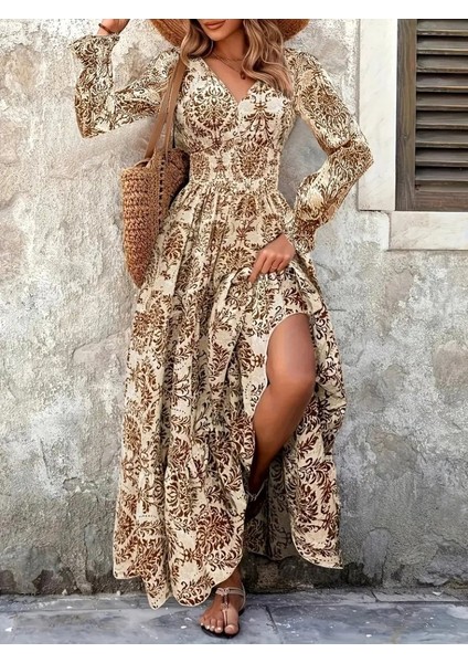 Kadın Uzun Kollu V Yakalı Desenli Süprem Elbise