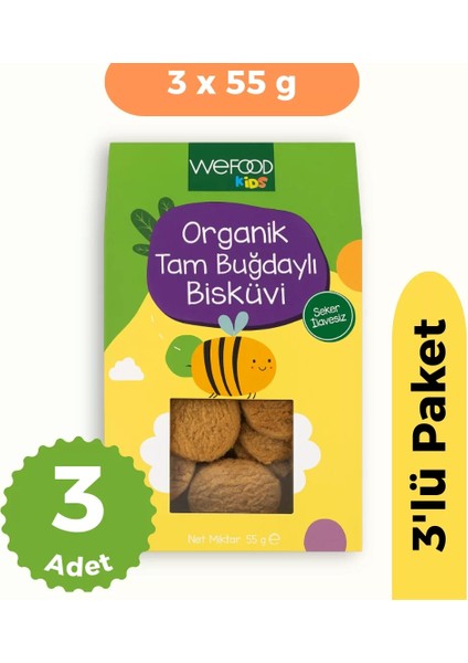 Wefood Kids Organik Tam Buğdaylı Bisküvi (55 Gr) 3'lü Set