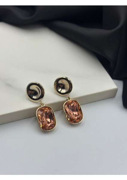 Gold Altın Detaylı Somon Rengi Zirkon Taşlı Sallantılı Çelik Küpe