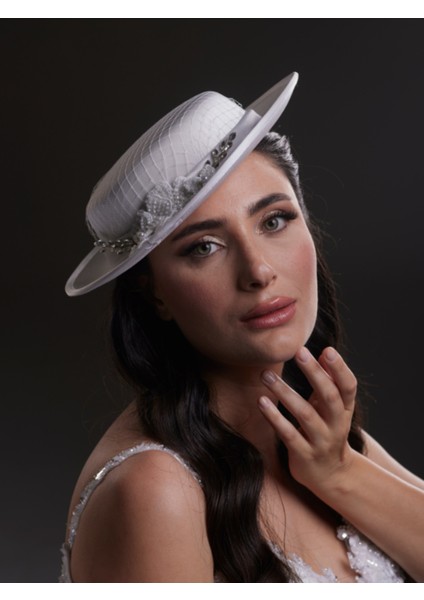 Inci ve Kristal Detaylı Beyaz Gelin, Nikah, Nişan, Özel Davet Şapkası