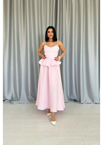 Pembe Beli Büzgülü Inci Askılı Uzun Elbise
