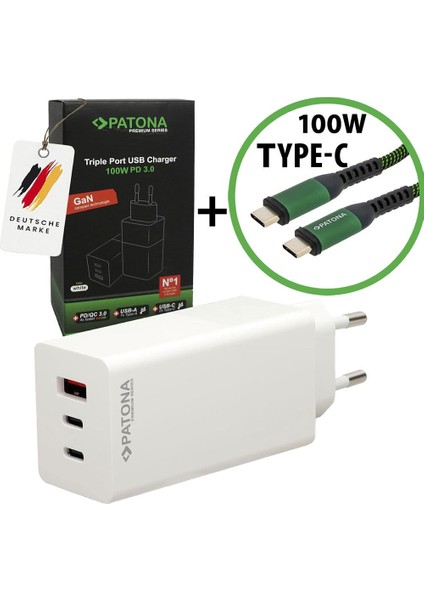 Premium 100W Gan Şarj Adaptörü (2xusb-C + 1xusb-A) + 100W E-Marker Usb-C Kablo (1m) Set – Hızlı Şarj, Laptop ve Telefon Uyumlu