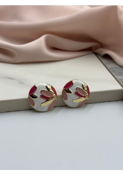 Pembe Mineli Çiçek Figürlü Tasarım Küpe