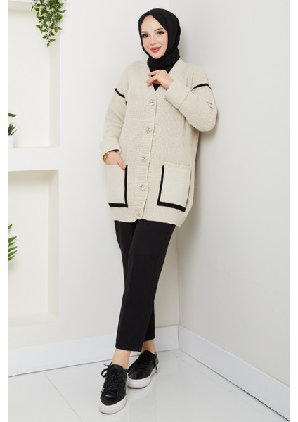 Kadın Şerit Detaylı Cepli Selanik Örgü Salaş Triko Hırka -PMK440