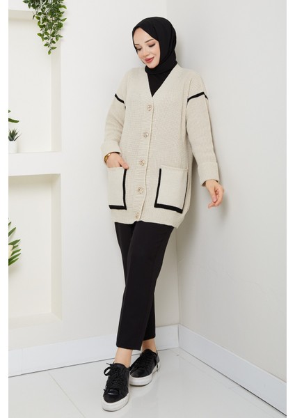 Kadın Şerit Detaylı Cepli Selanik Örgü Salaş Triko Hırka -PMK440 fiyatları