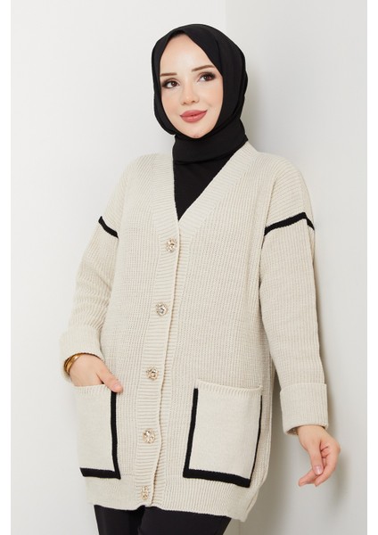 Kadın Şerit Detaylı Cepli Selanik Örgü Salaş Triko Hırka -PMK440 modelleri