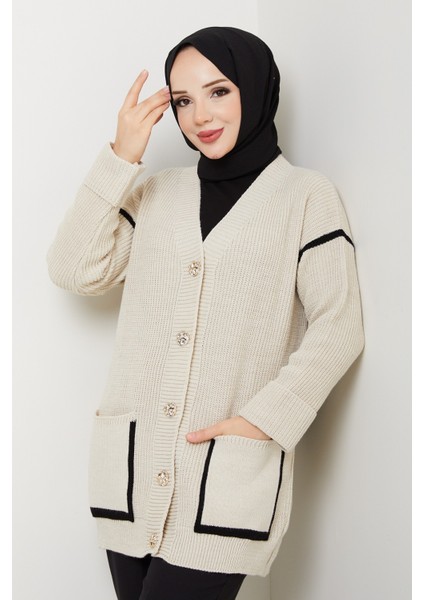 Kadın Şerit Detaylı Cepli Selanik Örgü Salaş Triko Hırka -PMK440 fırsatları