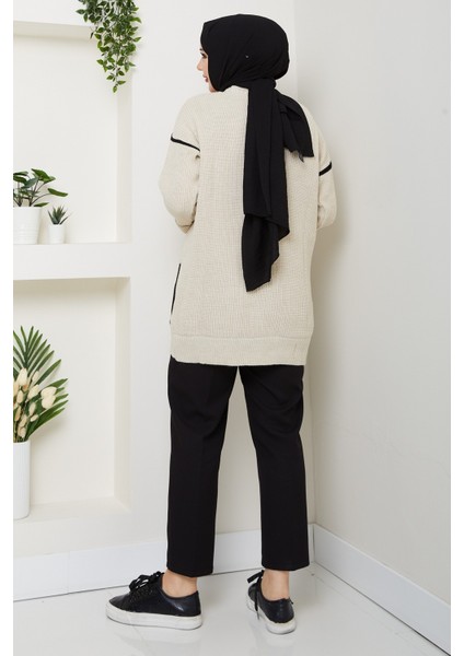 Kadın Şerit Detaylı Cepli Selanik Örgü Salaş Triko Hırka -PMK440 indirimleri