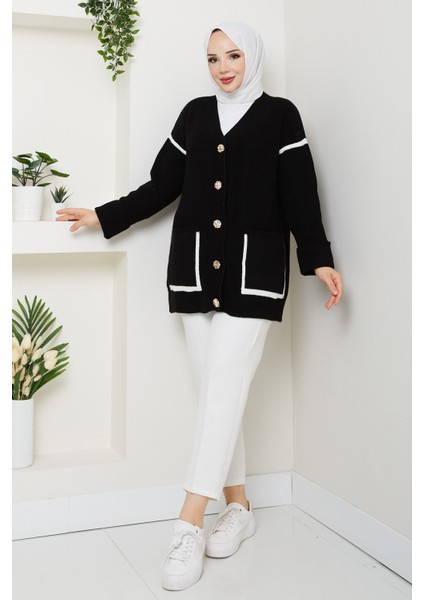 Kadın Şerit Detaylı Cepli Selanik Örgü Salaş Triko Hırka -PMK440