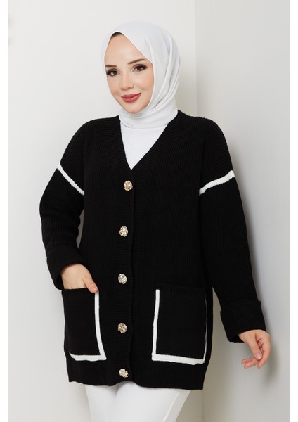 Kadın Şerit Detaylı Cepli Selanik Örgü Salaş Triko Hırka -PMK440 fiyatları