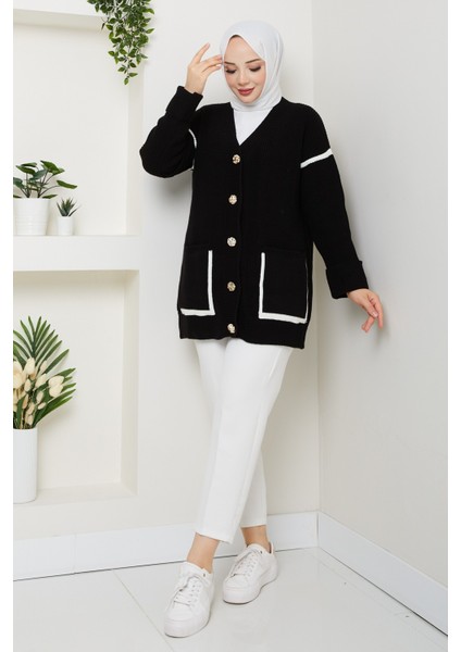 Kadın Şerit Detaylı Cepli Selanik Örgü Salaş Triko Hırka -PMK440 modelleri