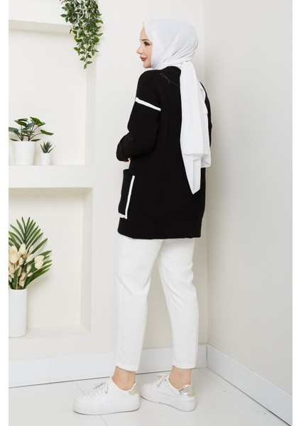 Kadın Şerit Detaylı Cepli Selanik Örgü Salaş Triko Hırka -PMK440 fırsatları