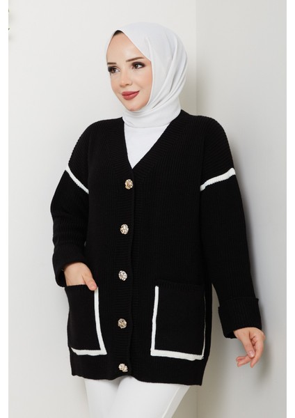 Kadın Şerit Detaylı Cepli Selanik Örgü Salaş Triko Hırka -PMK440 indirimleri