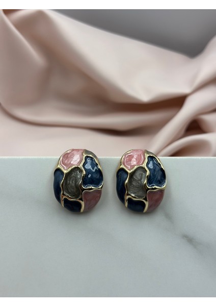 Pembe Mavi Yeşil Mineli Gold Altın Detaylı Tasarım Küpe