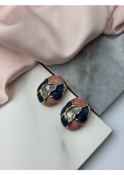 Pembe Mavi Yeşil Mineli Gold Altın Detaylı Tasarım Küpe fiyatları