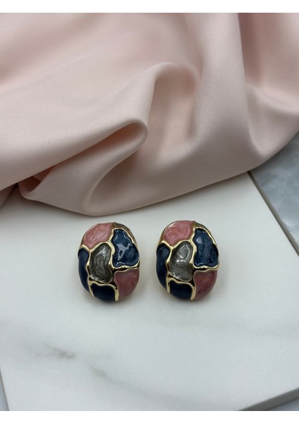 Pembe Mavi Yeşil Mineli Gold Altın Detaylı Tasarım Küpe modelleri