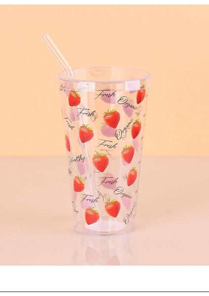 Desenli Plastik Pipetli Bardak 16 cm 1 Adet -ENF-040